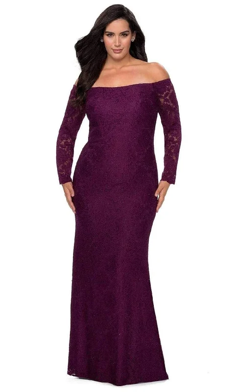 Plus size dresses for everyday wear stay tough -La Femme - 28859 Lace Off-Shoulder Sheath Dress