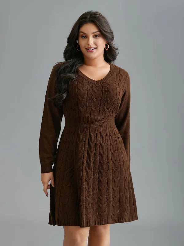 Plus size dresses featuring laser-cut details are unique -Textured Cable Knit V-Neck Midi Sweater Dress