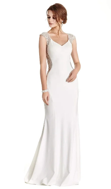 Plus size dresses featuring ruffle details add charm -Aspeed Design - Embellished Cap Sleeve Prom Dress