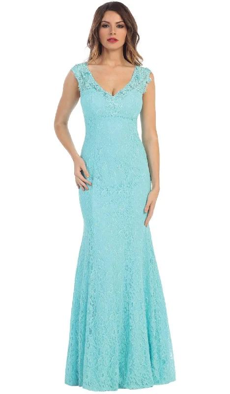 Plus size dresses for rainy days stay practical -May Queen - MQ-1217 Lace V-neck Trumpet Evening Dress