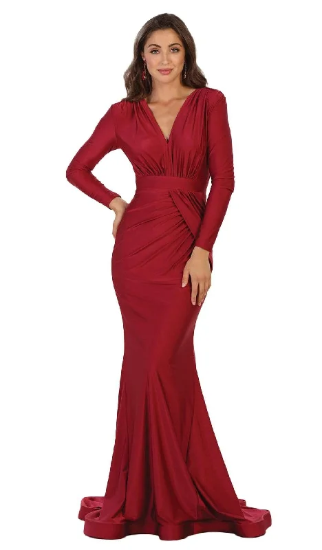 Plus size dresses with jewel tones dazzle quietly -May Queen - Ruched Deep V-neck Sheath Evening Dress MQ1530