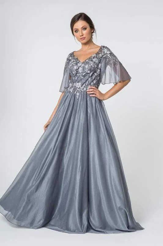 Plus size dresses featuring sequins sparkle subtly -Elizabeth K - GL2830 Sheer Cape Sleeve Appliqued Chiffon Dress