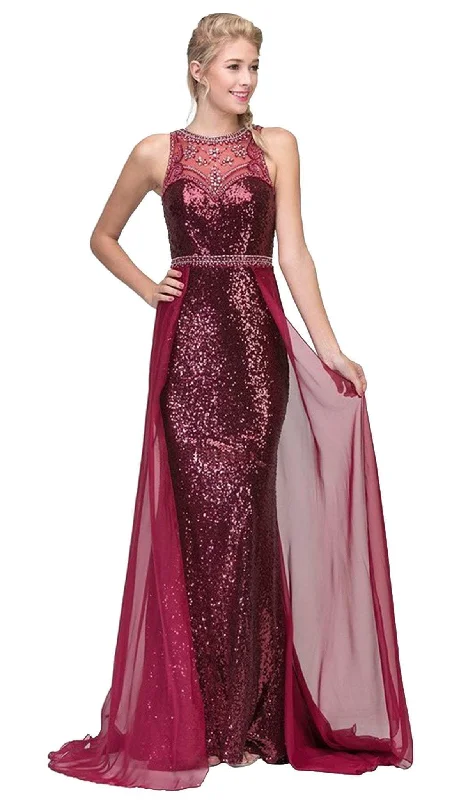 Affordable plus size dresses for casual days stay chic -Eureka Fashion - Sequined Illusion Halter Evening Dress With Sheer Overlay