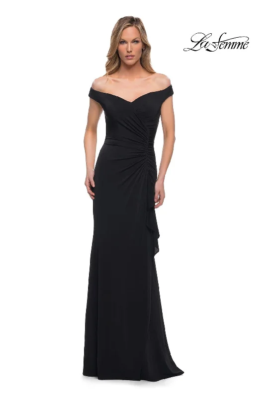 Plus size dresses featuring sequined tops glitter bright -La Femme - 29925 Off Shoulder Sheath Evening Dress