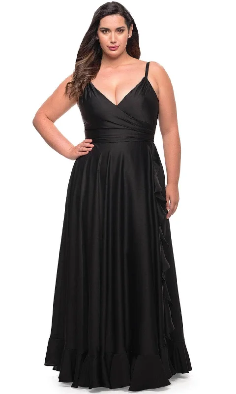 Plus size dresses with ruched details hide flaws -La Femme 29740 - Ruffled Slit Evening Dress