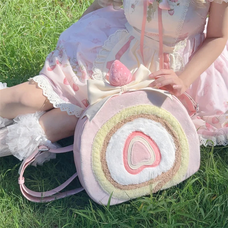 Retro canvas backpack with leather strap details -Strawberry Shortcake Backpack