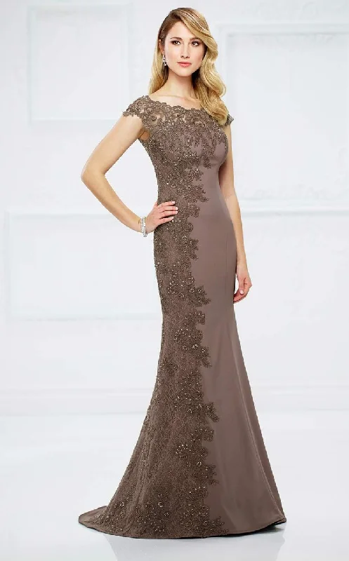 Plus size dresses with comfy flows feel gentle -Montage by Mon Cheri - 217948 Bateau Neck Beaded Lace Trumpet Gown  - 1 pc Mocha in Size 6 Available