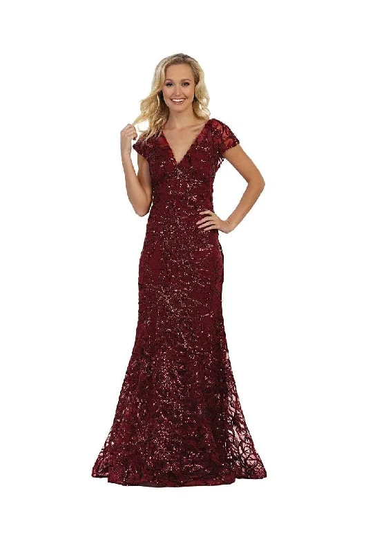 Plus size dresses featuring boho vibes are chic -May Queen Plunging V-neck Embellished Trumpet Gown - 1 pc Burgundy In Size 3XL Available