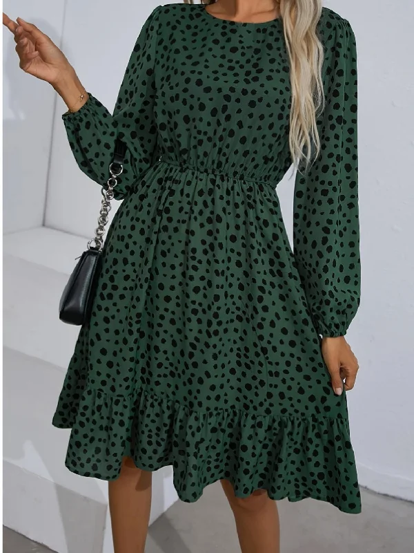 Plus size dresses with soft linings pamper skin -Printed Round Neck Balloon Sleeve Dress