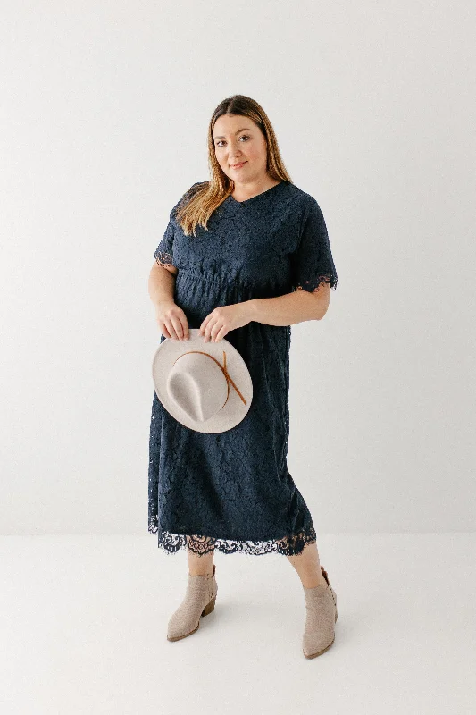 Plus size dresses for parties shine with confidence -'Odessa' Lace Tea Length Dress in Navy FINAL SALE