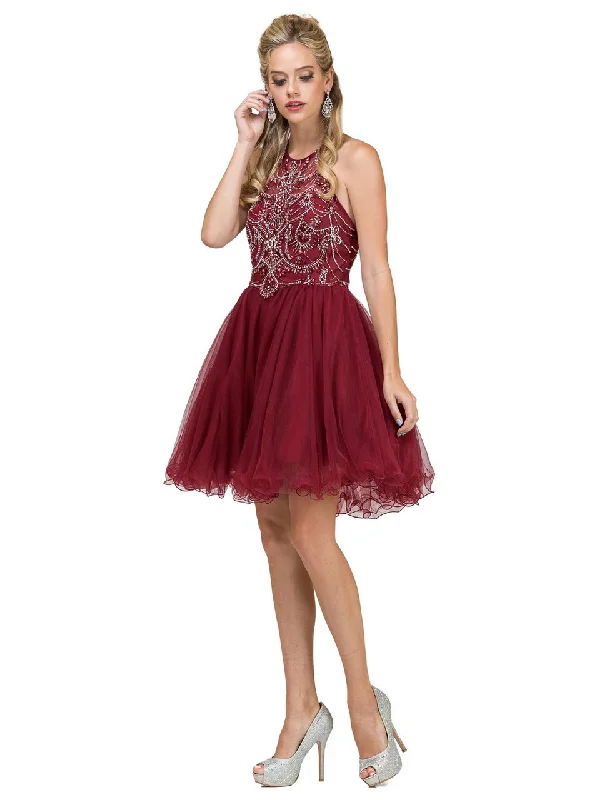 Plus size dresses for fancy nights shine bright -Dancing Queen 2102 Halter Embellished Tulle Cocktail Dress