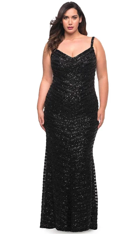 Plus size dresses with empire waists cinch nicely -La Femme 29622 - V-Striped Evening Dress