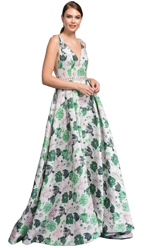 Plus size dresses featuring fuzzy accents are warm -Aspeed Design - Floral Print Deep V-neck A-line Prom Dress