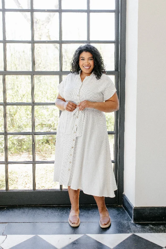 Plus size dresses with bold cuts make statements -'Edie' Linen Blend Pinstripe Button Down Shirtdress FINAL SALE