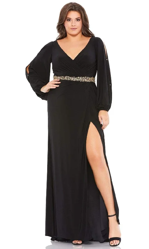 Plus size dresses with tie waists adjust perfectly -Mac Duggal - 67747 Long Split Sleeve V Neck Dress