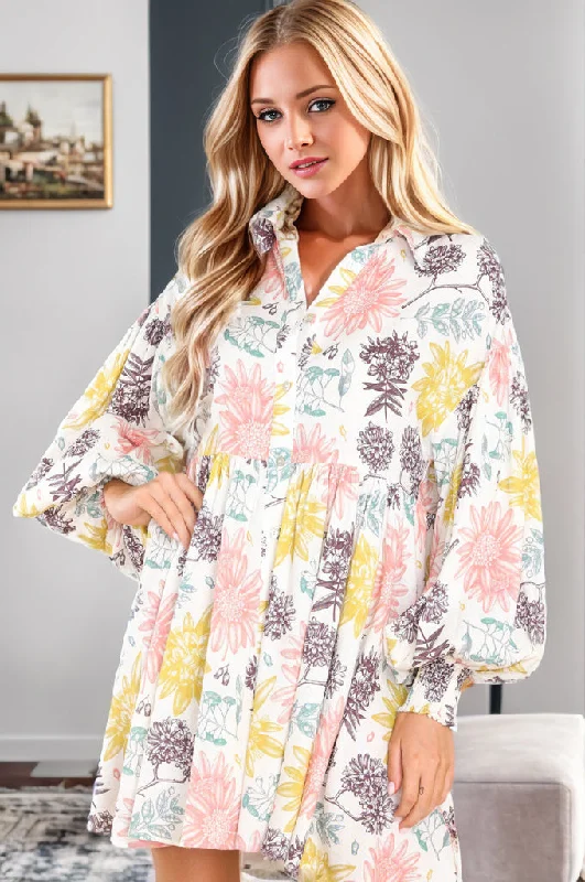 Plus size dresses featuring tie-dye patterns are quirky -Printed Lantern Sleeve Mini Dress