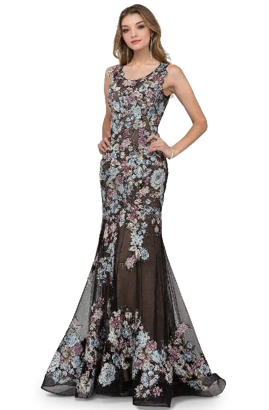 Plus size dresses with side ties cinch nicely -Cecilia Couture - 1404 Floral Applique Scoop Neck Trumpet Gown