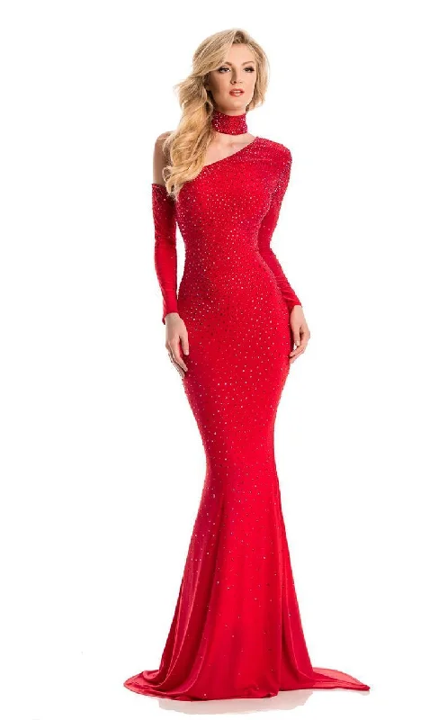 Plus size dresses with wrap fronts fit well -Johnathan Kayne 7215 Fitted Embellished Asymmetric Trumpet Dress