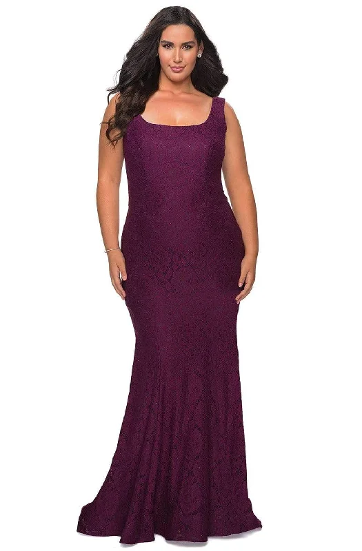 Plus size dresses featuring earthy tones are grounding -La Femme - 28948 Square Neck Lace Trumpet Long Prom Gown