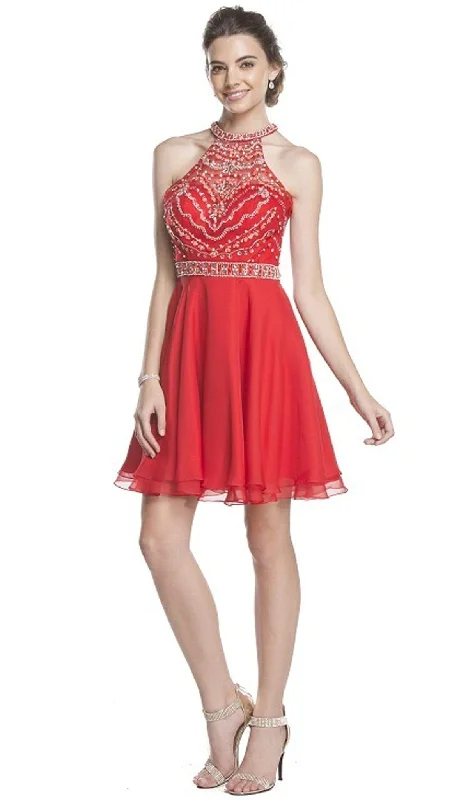 Plus size dresses featuring metallic hues shine soft -Aspeed Design - Embellished Sheer Halter A-line Homecoming Dress