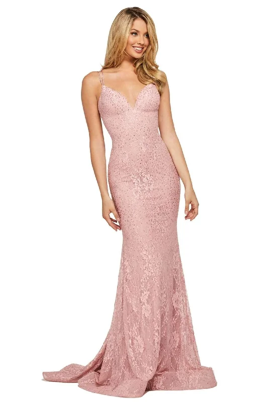 Plus size dresses with breathable layers stay airy -Sherri Hill - 53364 Plunging Lace Up Back Fitted Lace Dress