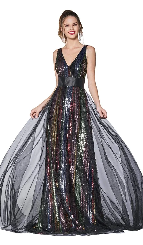 Plus size dresses with tough fabrics age well -Cinderella Divine - CS033 Multicolored Sequined V-neck A-line Dress with Tulle Overskirt - 3 pc Multi-Color In Size 8, 12, and 16 Available