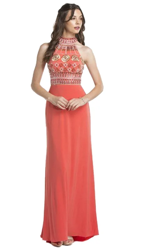 Plus size dresses with soft skirts feel light -Aspeed Design - Multi-Beaded Halter Jersey Evening Dress