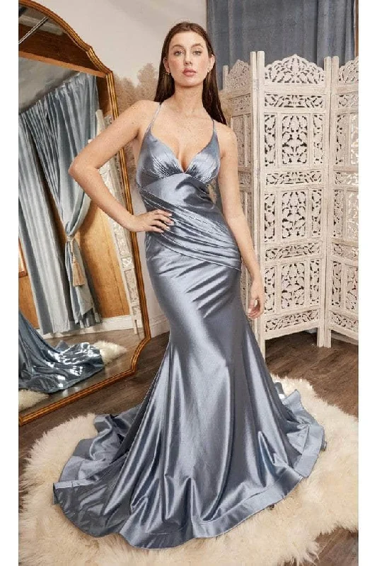 Plus size dresses with lightweight materials feel easy -Cinderella Divine - CH236 Open Back Ruched Satin Evening Gown