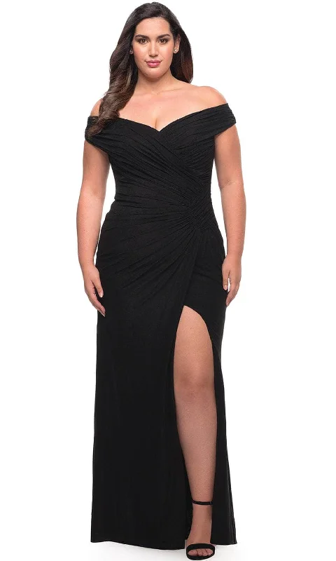 Plus size dresses with unique necklines add flair -La Femme 29722 - Faux Wrap Prom Dress