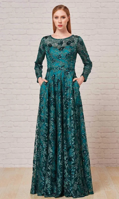 Trendy plus size dresses with bold prints stand out -J'Adore Dresses - J18026 Long Sleeve Glitter Print A-Line Gown