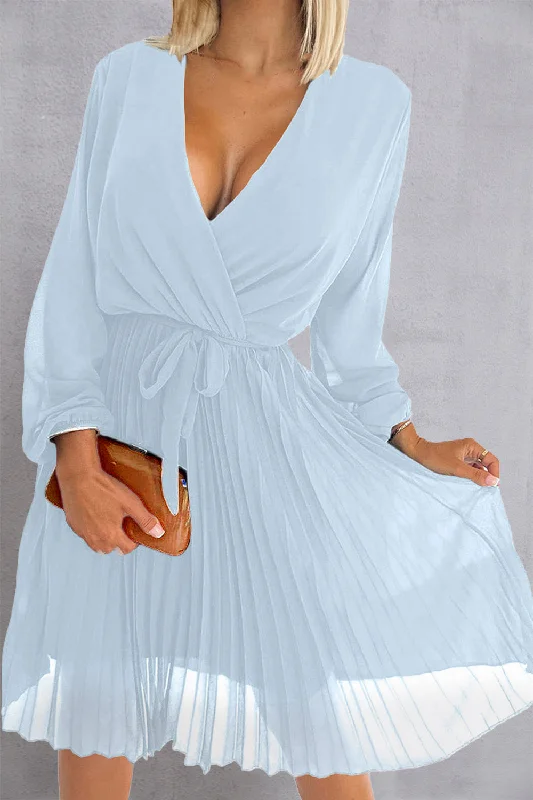 Plus size dresses with long sleeves cover comfortably -Tied Surplice Long Sleeve Pleated Dress