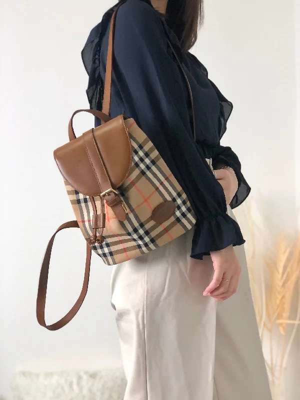 Lightweight sling backpack for one-shoulder ease -BURBERRY Classic Check Front Buckle Canvas Leather Backpack Beige Vintage x6idrn