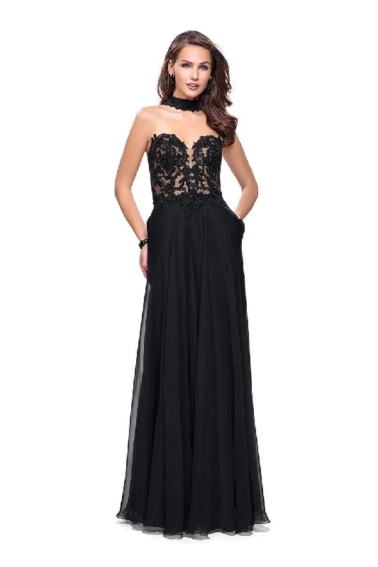 Plus size dresses featuring sequins sparkle subtly -La Femme - 25450 Choker Accented Plunging Lace Bodice Gown