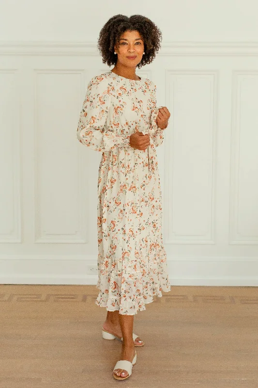 Plus size dresses featuring beaded hems are ornate -'Phyllis' Rust Floral Ruffle Hem Chiffon Dress in Cream FINAL SALE