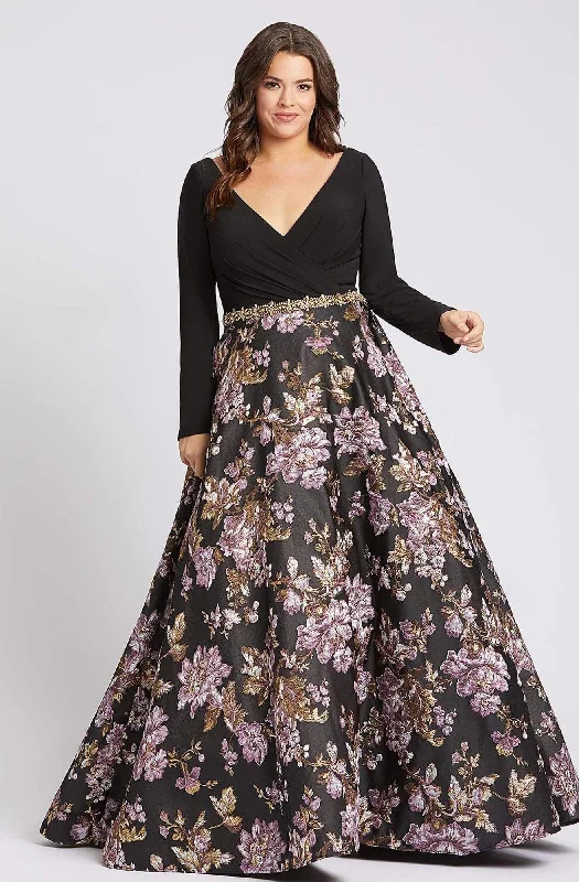 Classic plus size dresses in black suit everything -Mac Duggal Fabulouss - 77745F Long Sleeve Floral Printed Dress