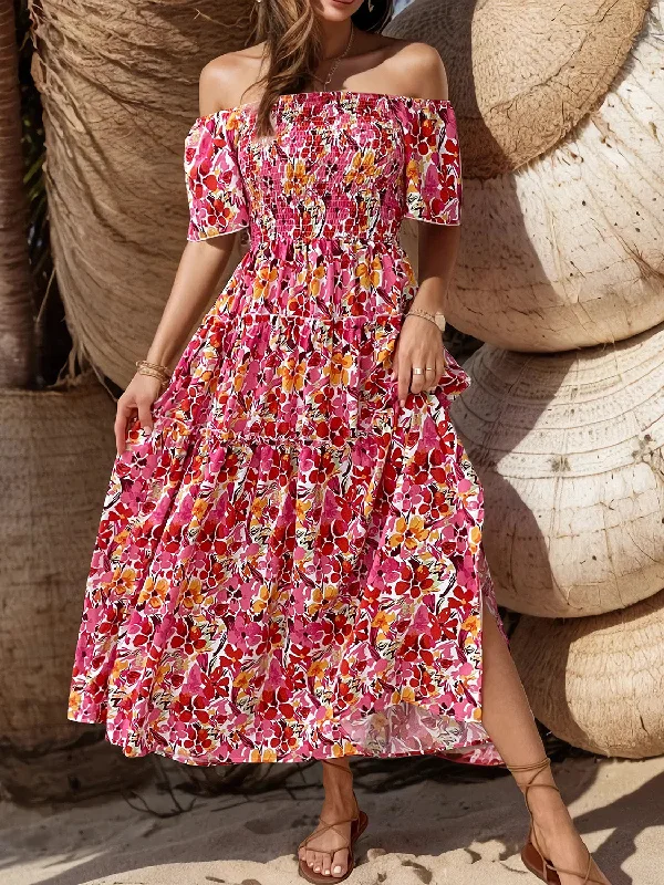 Plus size dresses for autumn days feel cozy -Slit Floral Off-Shoulder Short Sleeve Dress