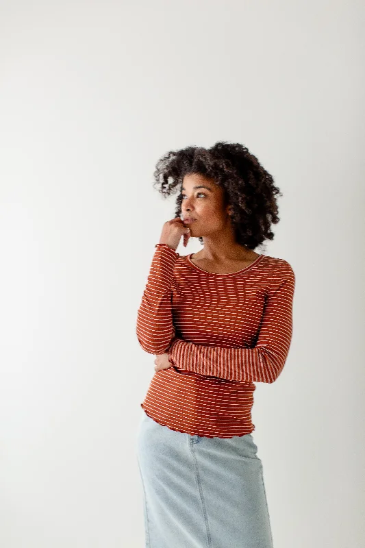 Plus size dresses with sleek lines look modern -'Nikki' Ribbed Striped Long Sleeve Top in Rust FINAL SALE