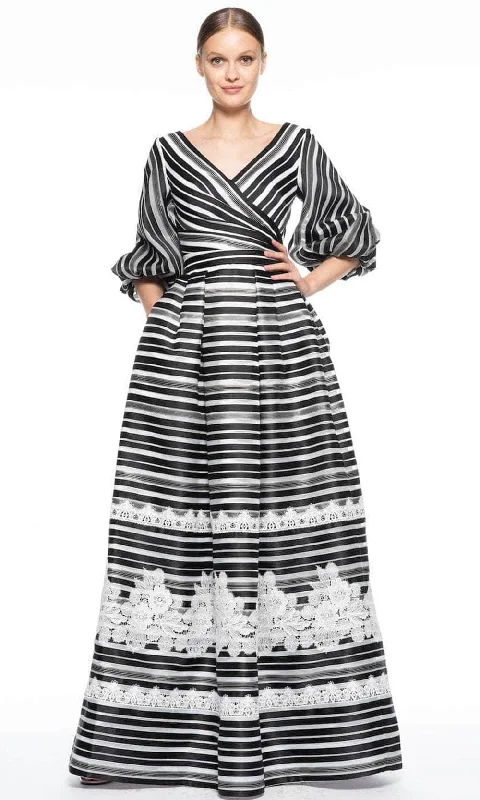 Plus size dresses featuring chevron prints are sharp -Theia 8812269 - Faux Wrap Stripe Evening Dress