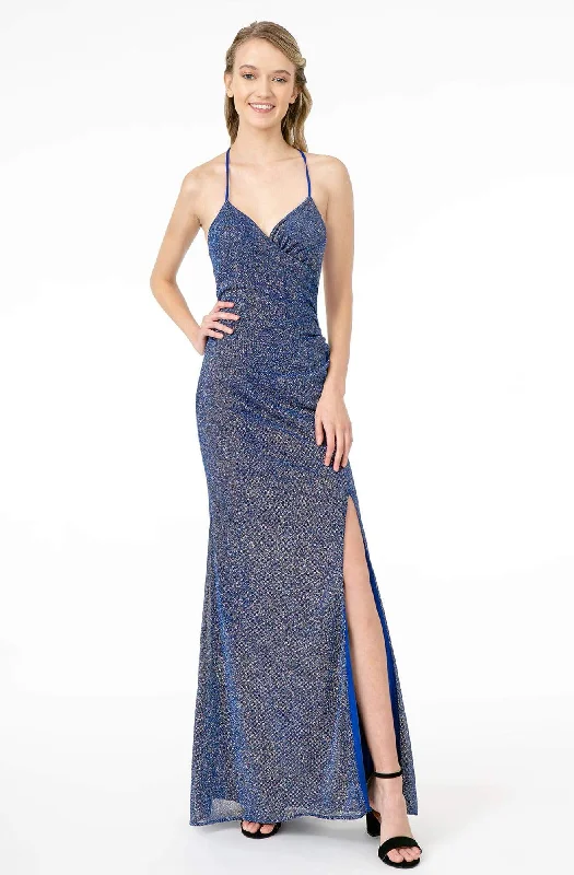 Plus size dresses with wrap fronts fit well -Elizabeth K - GL1831 V-Neck Bodycon Glitter Crepe Long Dress