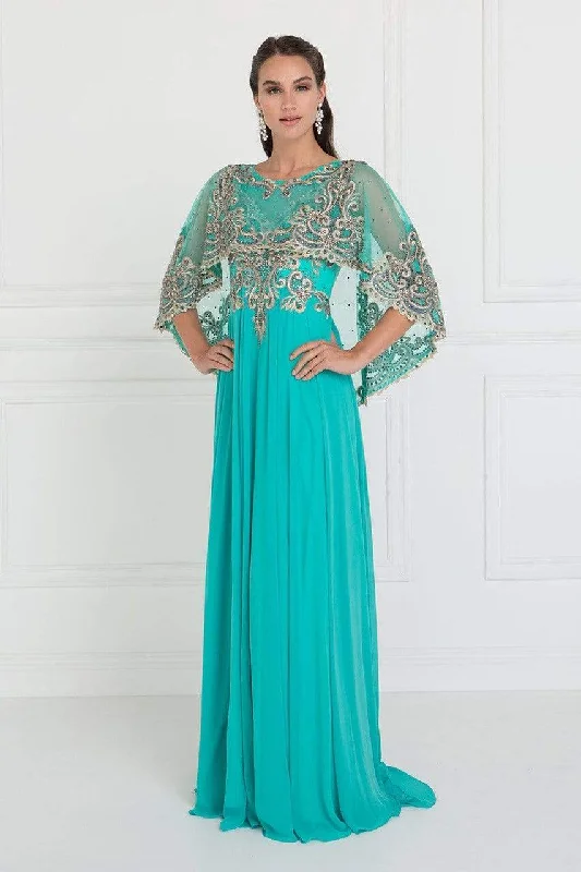 Plus size dresses with soft cotton feel comfy -Elizabeth K - GL1527 Chiffon Dress with Embroidered Cape Sleeves