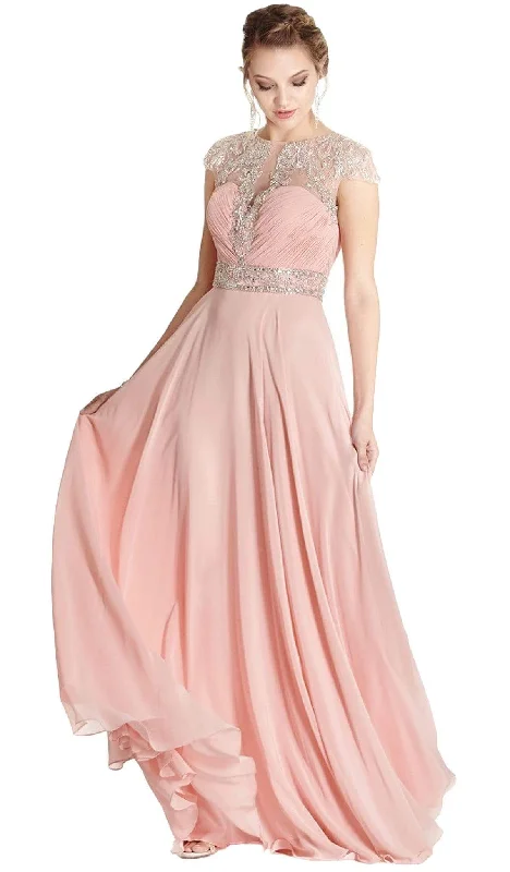 Plus size dresses with elastic waists stretch easily -Aspeed Design - Embellished Ruched Illusion Jewel Prom Dress