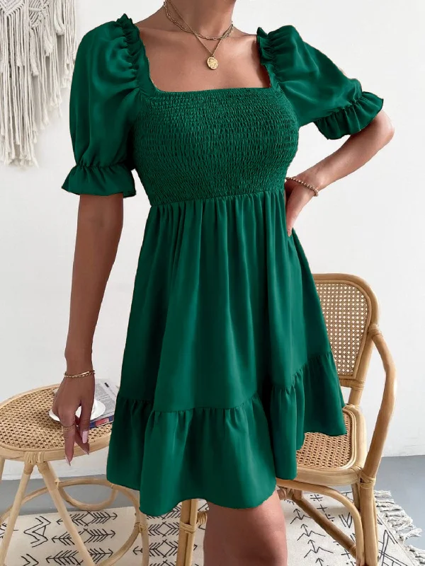 Plus size dresses for power dressing empower daily -Smocked Square Neck Short Sleeve Dress