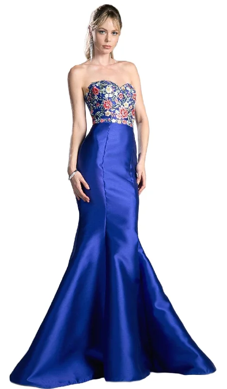 Plus size dresses with V-necks elongate figures -Cinderella Divine - HW06 Floral Embellished Strapless Mermaid Evening Gown