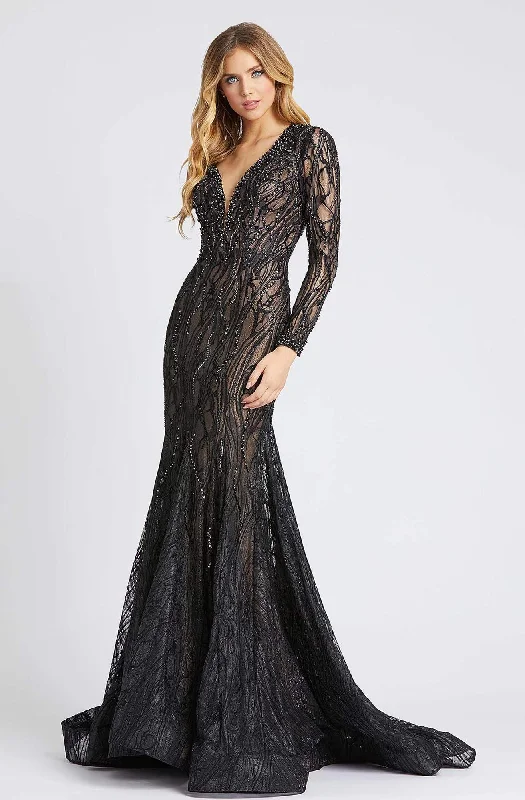 Plus size dresses with cap sleeves feel dainty -Mac Duggal Evening - 79291D Long Sleeve Sheer Laced Long Dress