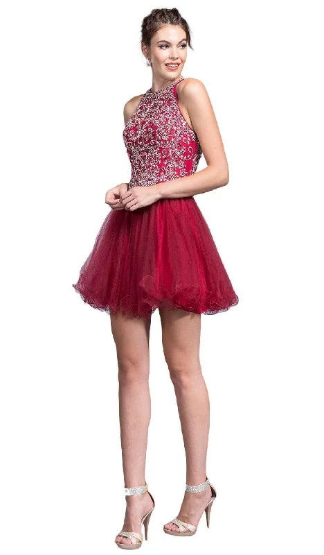 Plus size dresses featuring tiered skirts feel fun -Aspeed Design - Embellished Halter A-line Homecoming Dress