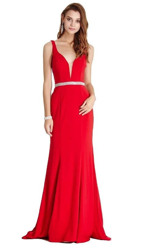 Plus size dresses featuring velvet textures feel plush -Aspeed Design - Embellished Deep V-neck Sheath Prom Dress