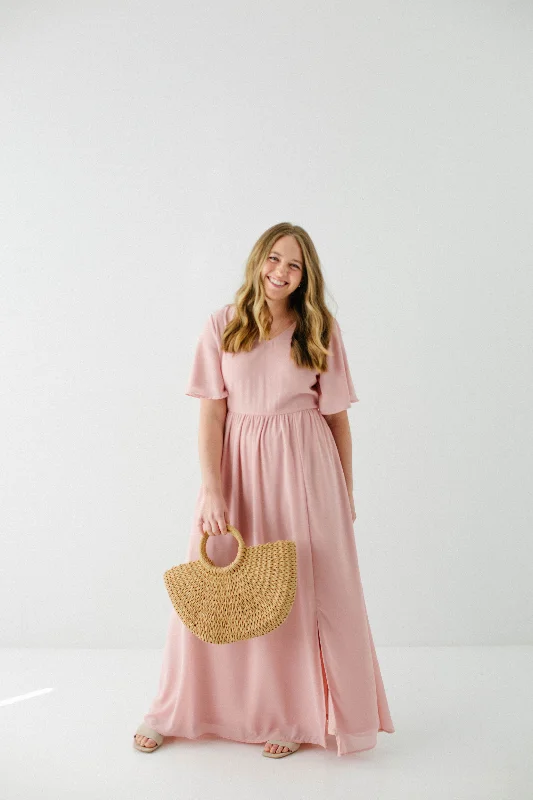 Plus size dresses featuring textured weaves add interest -'Clarice' V-Neck Chiffon Maxi Dress in Blush FINAL SALE