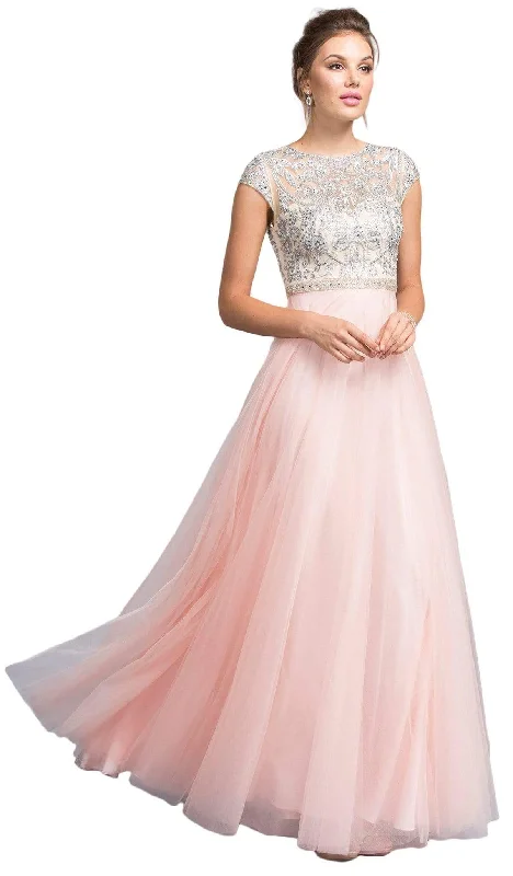 Plus size dresses featuring gemstone details shine subtle -Aspeed Design - Embellished Cap Sleeve A-line Prom Dress