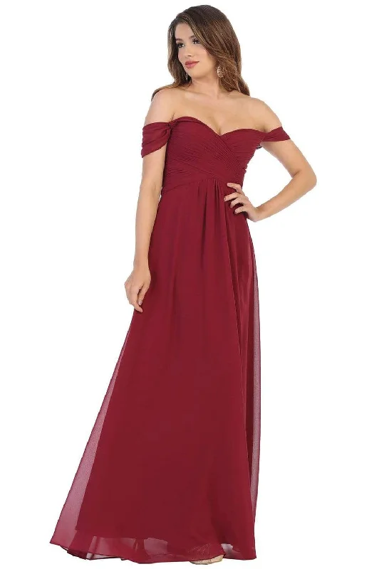 Plus size dresses with midi lengths balance well -May Queen - MQ1711 Draped Off Shoulder Chiffon A-Line gown