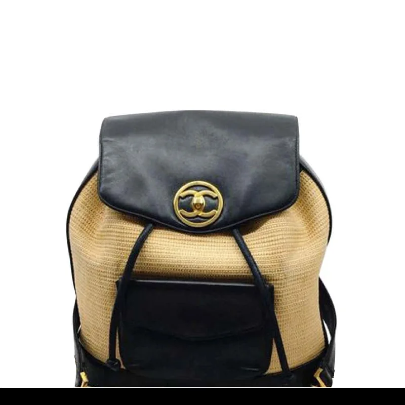 Sleek business backpack with hidden laptop pocket -Chanel 90's Vintage Natural Rattan Black Beige Leather Backpack